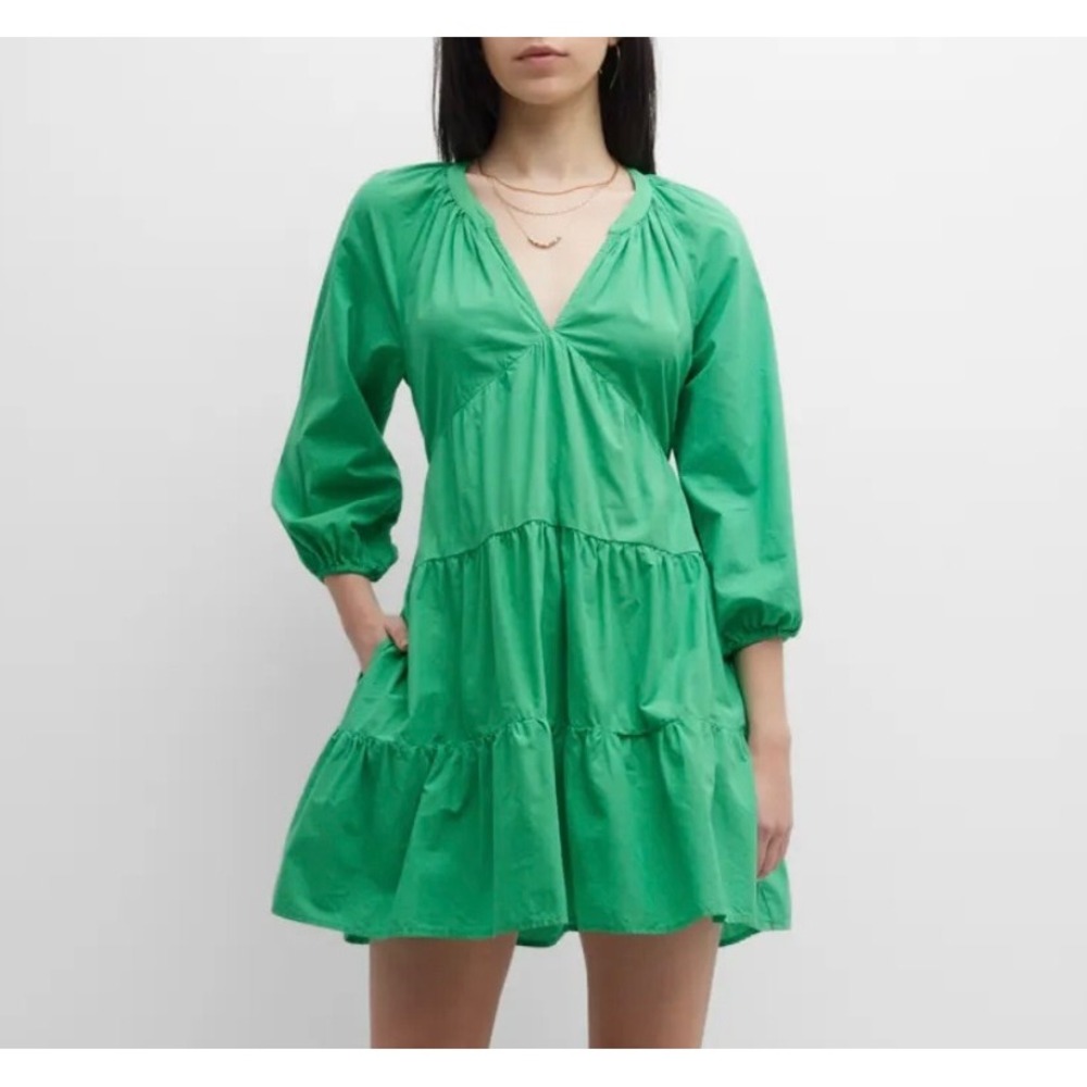 Xirena Nadia Tiered Mini Dress M Green Cotton Poplin Boho Preppy Vacation Resort